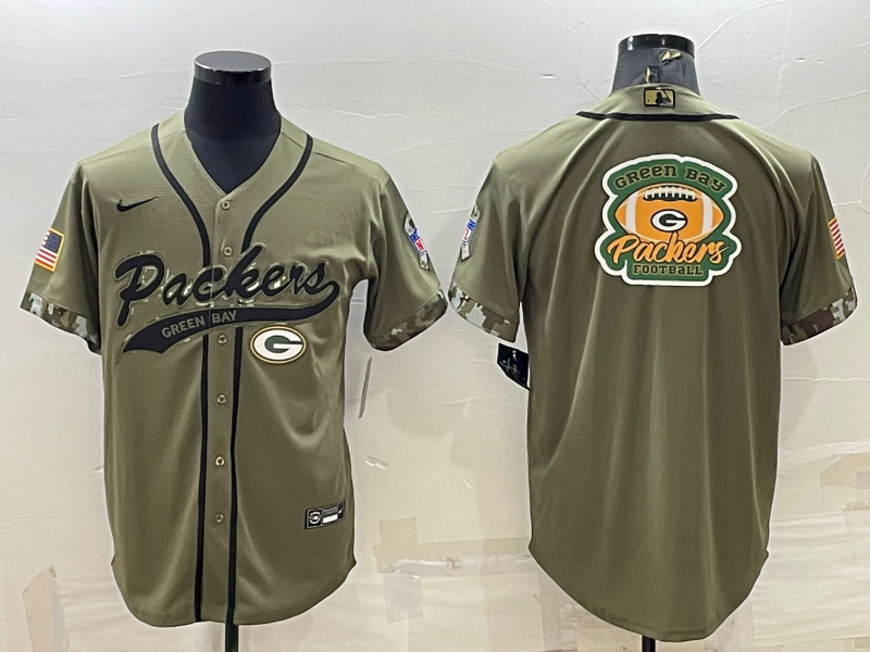 Men's Green Bay Packers Olive Salute to Service Team Big Logo Cool Base Stitched Baseball Jersey Men's Green Bay Packers Olive Salute to Service Team Big Logo Cool Base Stitched Baseball Jersey